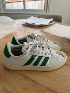 adidas White Sneakers with Green Three Stripes